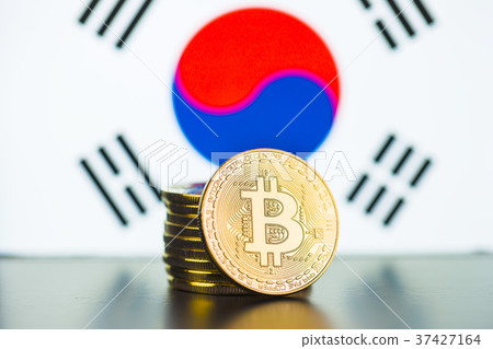 Golden bitcoins and South Korea flag. Golden bitcoins and South Korea flag. 37427164