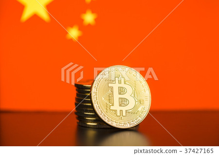 Golden bitcoins and chinese flag. 37427165