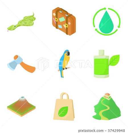 Tropical campsite icons set, cartoon style Tropical campsite icons set, cartoon style 37429948