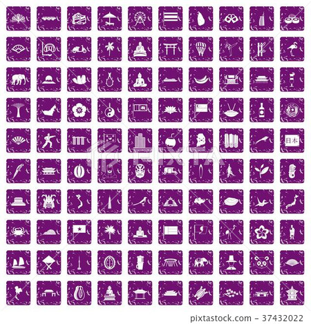 100 asian icons set grunge purple 37432022