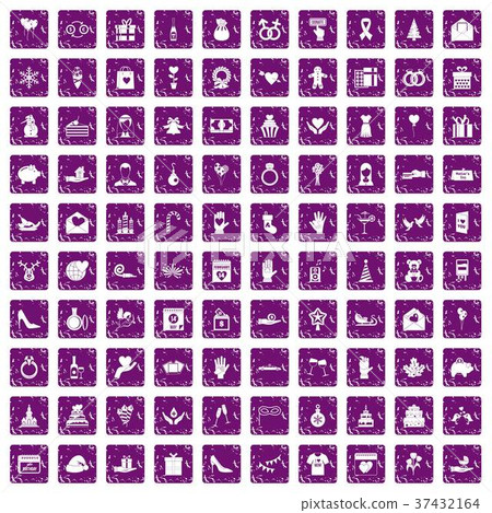 100 gift icons set grunge purple 37432164
