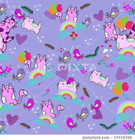 Cute cat seamless pattern on flower background Cute cat seamless pattern on flower background 37438398