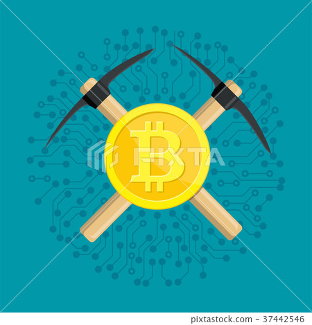 Golden bitcoin and pickaxe Golden bitcoin and pickaxe 37442546