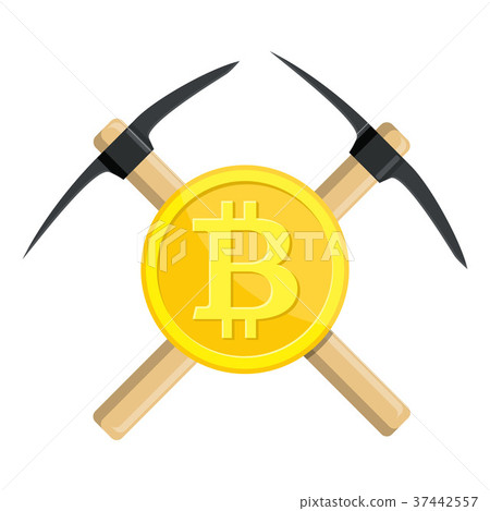 Golden bitcoin and pickaxe 37442557