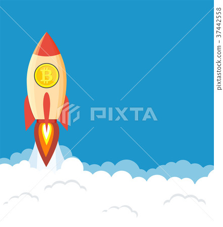 rocket flying over clouds with bitcoin icon 37442558