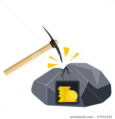 Golden coin with bitcoin sign and pickaxe. 37442565