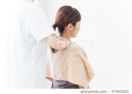 Massage beauty treatment man body chiropractic female patient white background Massage beauty treatment man body chiropractic female patient white background 37445025