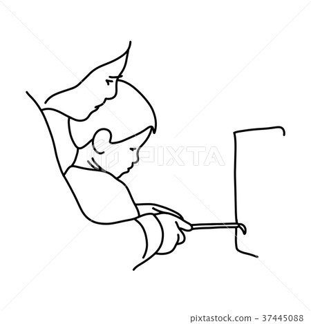 mother teaching her kids to paint with paintbrush 37445088