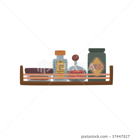Jars with herbs and spices on wooden shelf cartoon 37447827