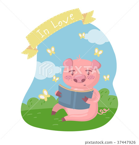 Cute smart pig character reading a book while Cute smart pig character reading a book while 37447926