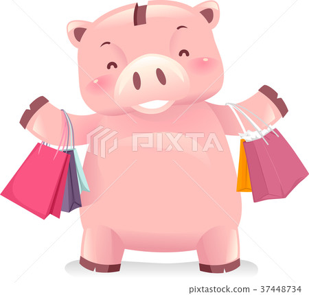 Piggy Bank Robot Mascot Shopping Bags Illustration 37448734