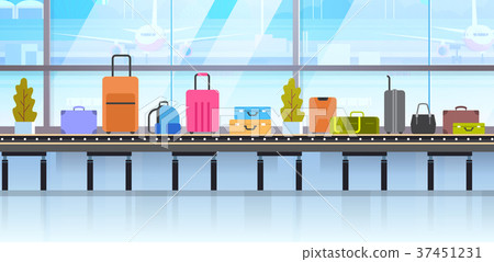 Different Suitcases On Baggage Conveyor Belt In Different Suitcases On Baggage Conveyor Belt In 37451231