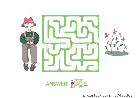 Children's maze with gardener and flowers. Puzzle 37453362