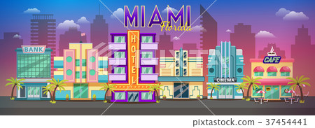 Old Miami skyline panorama at sunset. Retro city Old Miami skyline panorama at sunset. Retro city 37454441