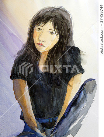 坐的女孩女孩圖像手寫剪影俏麗的女孩 37459744