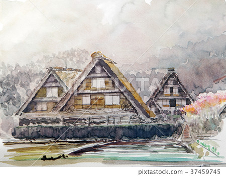 Shirakawago in early spring Shirakawago handwriting sketch beautiful 37459745