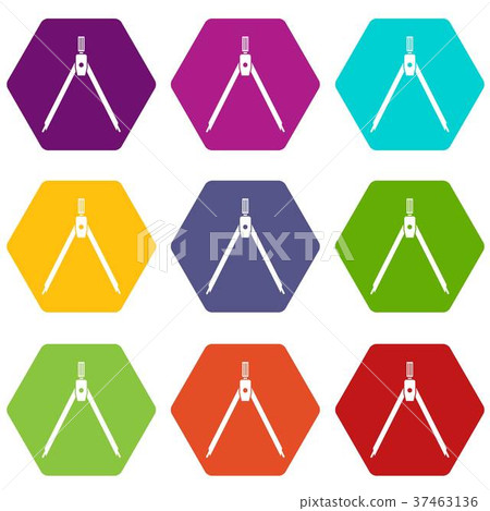 Drawing compass icon set color hexahedron - Stock Illustration ...