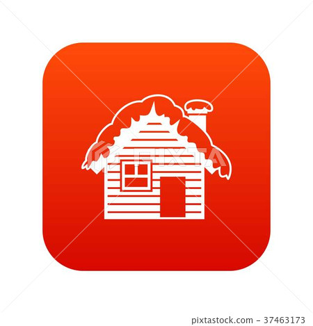 Wooden house covered with snow icon digital red Wooden house covered with snow icon digital red 37463173