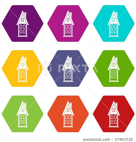 Two storey house with attic icon set color hexahedron Two storey house with attic icon set color hexahedron 37463530