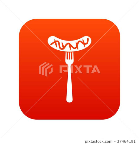 Grilled sausage on a fork mustard icon digital red 37464191