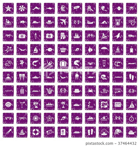 100 sea life icons set grunge purple 100 sea life icons set grunge purple 37464432
