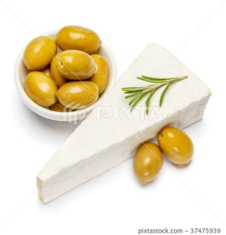 Piece of brie or camambert cheese and olives on a 37475939