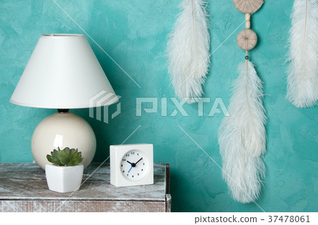 Bedroom decor on aquamarine background 37478061