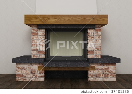Stone fireplace in home interior Stone fireplace in home interior 37481386