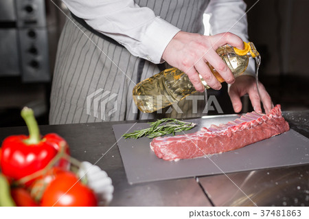 Rare lambs ready for marinade with rosemary 37481863