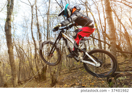 a young rider at the wheel of his mountain bike 37481982