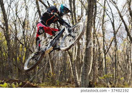 a young rider at the wheel of his mountain bike 37482192