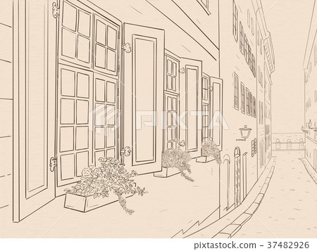 Narrow city street with flowers in window boxes Narrow city street with flowers in window boxes 37482926