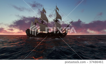 Sailboat at sea in the evening at sunset 3d Sailboat at sea in the evening at sunset 3d 37486461