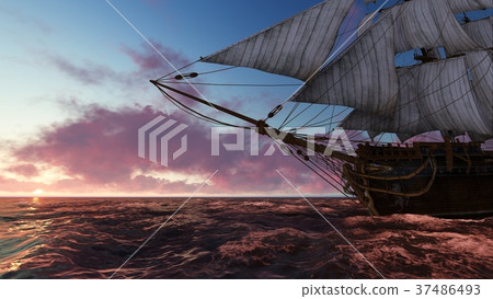 Sailboat at sea in the evening at sunset 3d Sailboat at sea in the evening at sunset 3d 37486493