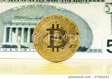 Bit coin with a dollar banknote background. 37488261