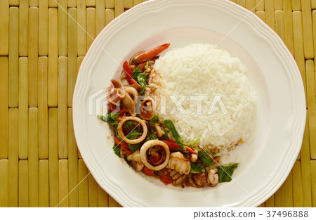 spicy stir fried squid with basil leaf and rice spicy stir fried squid with basil leaf and rice 37496888