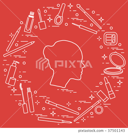 Silhouette of female head and various accessories 37501143