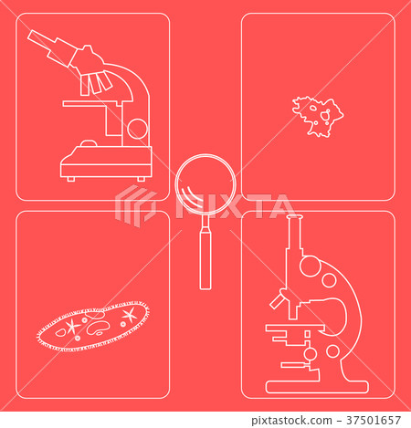Stylized icons of microscopes, magnifier, amoeba, 37501657