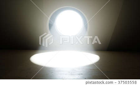 Futuristic room with round window. Volumetric 37503558