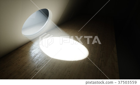 Futuristic room with round window. Volumetric 37503559