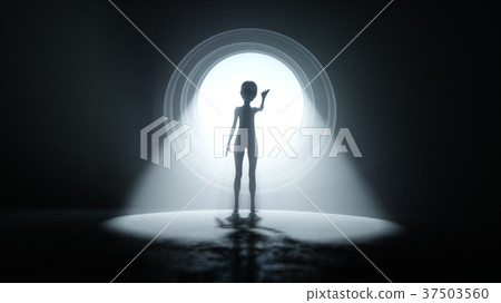 Alien in Futuristic room with round window 37503560