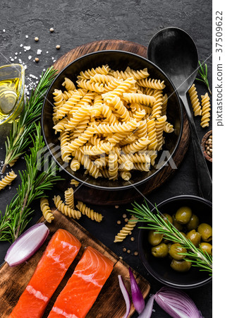 Pasta, salmon fish and ingredients for cooking Pasta, salmon fish and ingredients for cooking 37509622