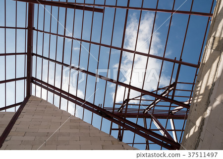 Steel roof frame of building. Steel roof frame of building. 37511497