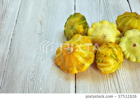 Six yellow and green bush pumpkins on white wood Six yellow and green bush pumpkins on white wood 37512826
