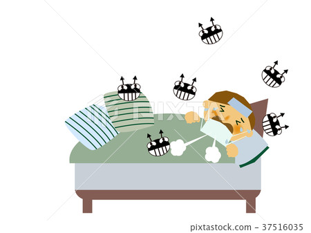 Illustration of a cold, flu. Someone who is sleeping in bed. 37516035