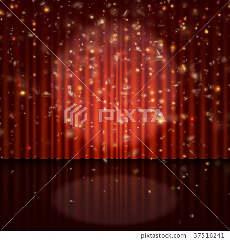 Spotlight on red curtain with glitter light. EPS 37516241
