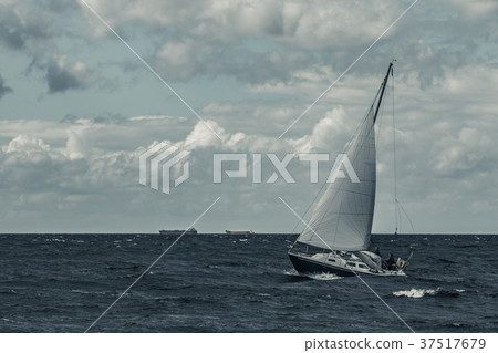 Blue sailboat at storm Blue sailboat at storm 37517679