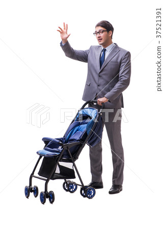 Young businessman nursing child in pram isolated 37521391