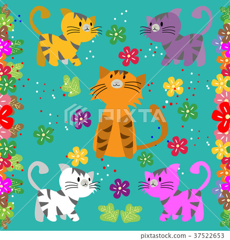 Cute Cat seamless pattern with flower on colorful 37522653
