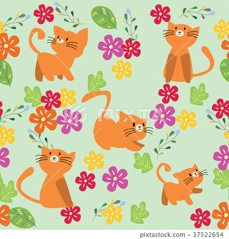 Cute Cat seamless pattern with flower on colorful 37522654